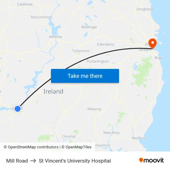 Mill Road to St Vincent's University Hospital map