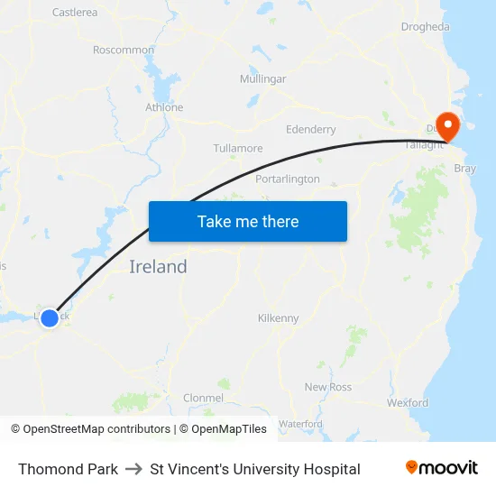 Thomond Park to St Vincent's University Hospital map
