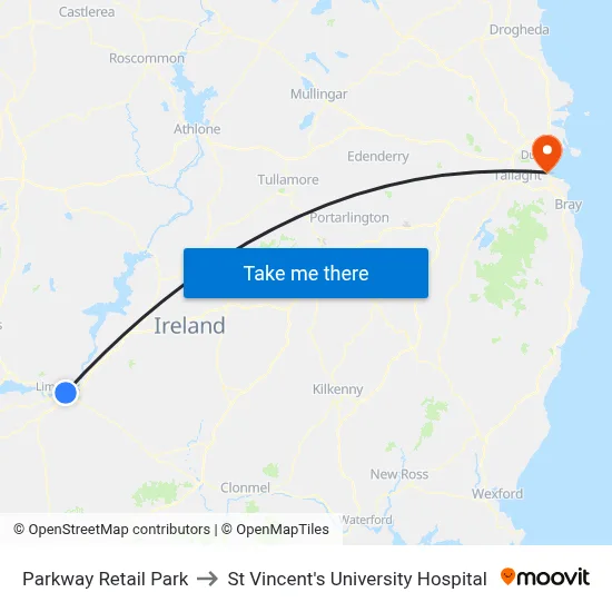 Parkway Retail Park to St Vincent's University Hospital map