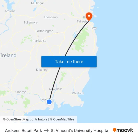 Ardkeen Retail Park to St Vincent's University Hospital map