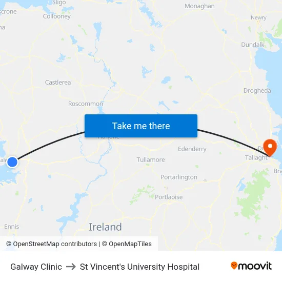 Galway Clinic to St Vincent's University Hospital map
