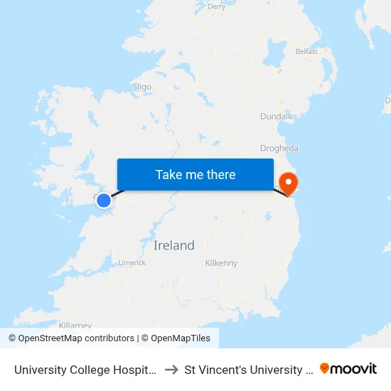 University College Hospital Galway to St Vincent's University Hospital map