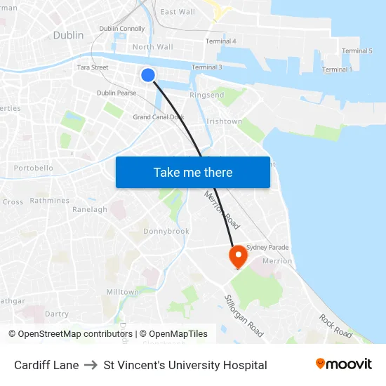 Cardiff Lane to St Vincent's University Hospital map