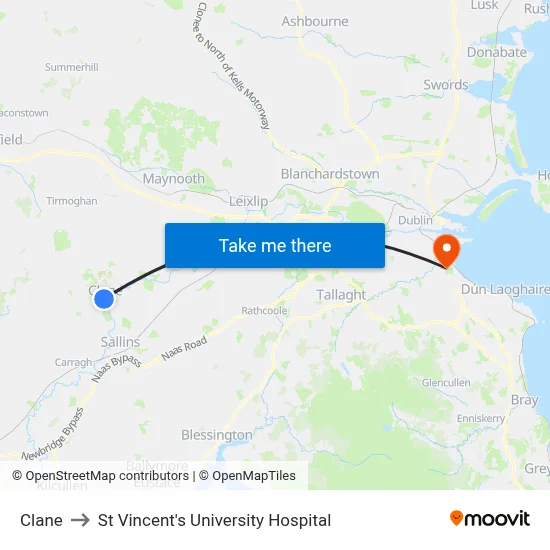 Clane to St Vincent's University Hospital map