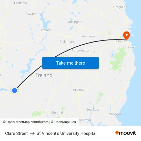 Clare Street to St Vincent's University Hospital map