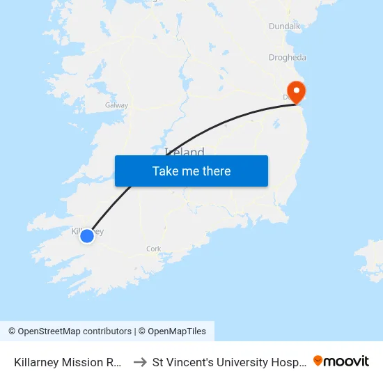 Killarney Mission Road to St Vincent's University Hospital map