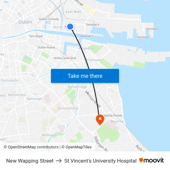 New Wapping Street to St Vincent's University Hospital map