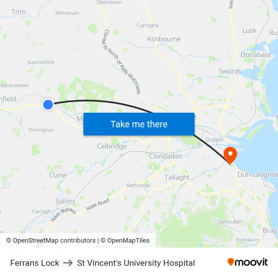 Ferrans Lock to St Vincent's University Hospital map