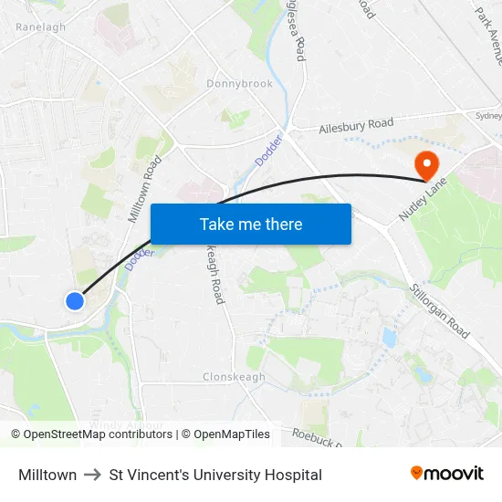 Milltown to St Vincent's University Hospital map