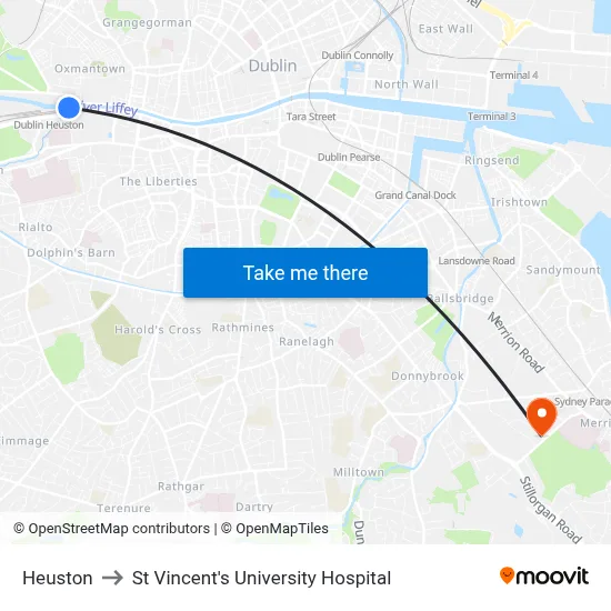 Heuston to St Vincent's University Hospital map