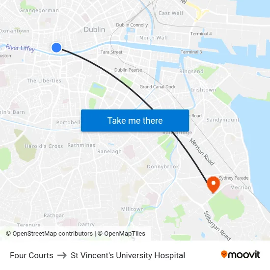 Four Courts to St Vincent's University Hospital map