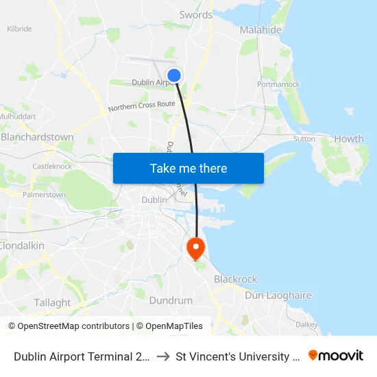 Dublin Airport Terminal 2 Zone 21 to St Vincent's University Hospital map