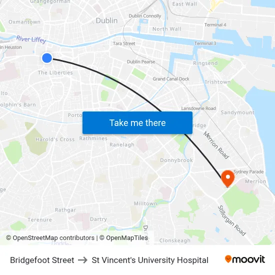 Bridgefoot Street to St Vincent's University Hospital map