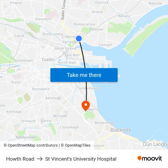 Howth Road to St Vincent's University Hospital map
