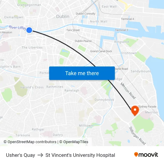 Usher's Quay to St Vincent's University Hospital map