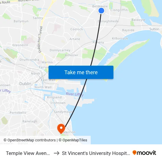 Temple View Avenue to St Vincent's University Hospital map