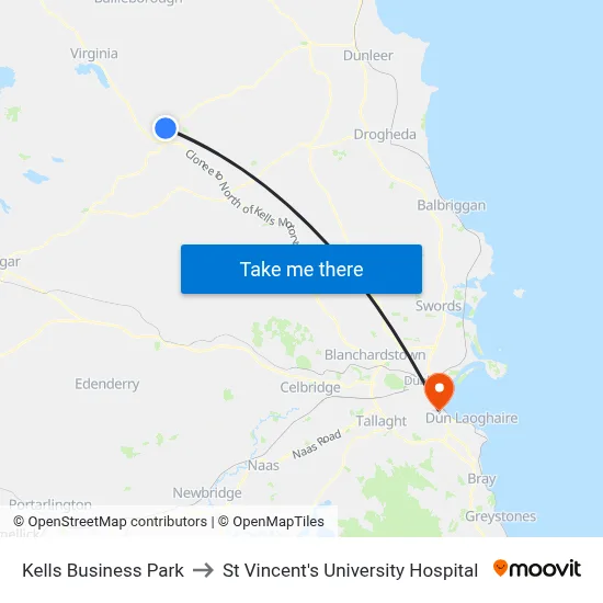 Kells Business Park to St Vincent's University Hospital map