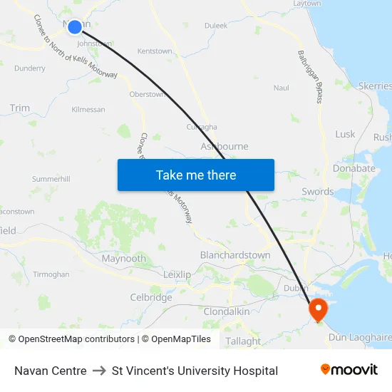 Navan Centre to St Vincent's University Hospital map