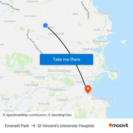 Emerald Park to St Vincent's University Hospital map