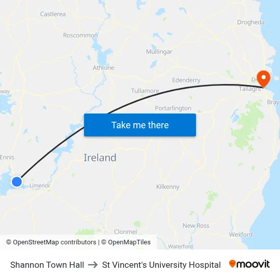 Shannon Town Hall to St Vincent's University Hospital map