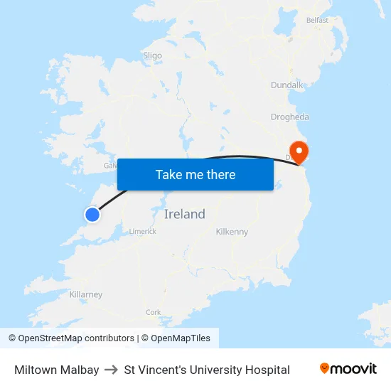 Miltown Malbay to St Vincent's University Hospital map
