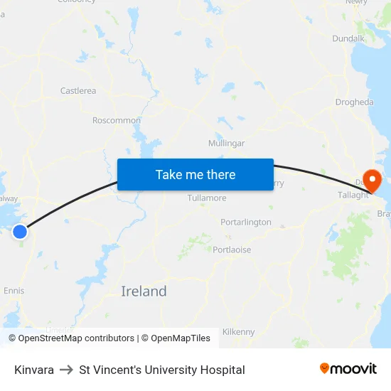 Kinvara to St Vincent's University Hospital map