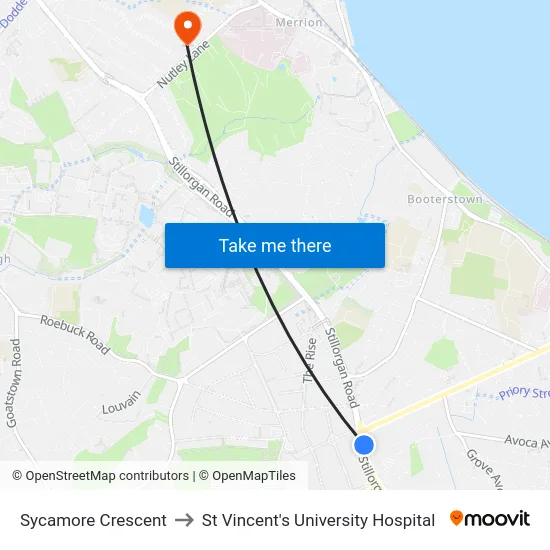 Sycamore Crescent to St Vincent's University Hospital map