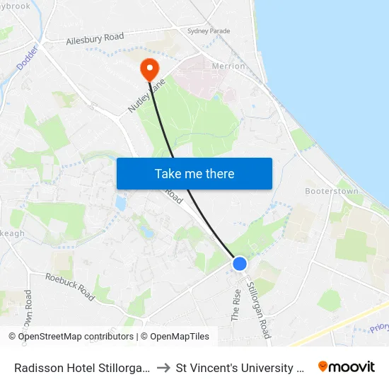 Radisson Hotel Stillorgan Road to St Vincent's University Hospital map