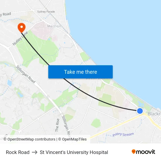 Rock Road to St Vincent's University Hospital map