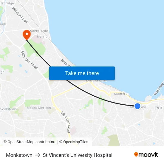 Monkstown to St Vincent's University Hospital map