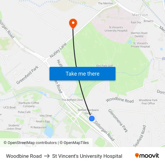 Woodbine Road to St Vincent's University Hospital map