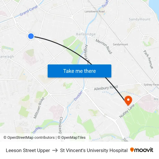 Leeson Street Upper to St Vincent's University Hospital map