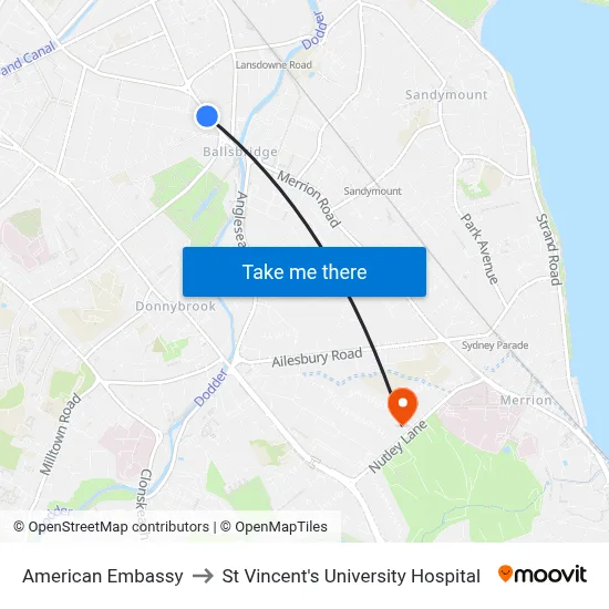 American Embassy to St Vincent's University Hospital map