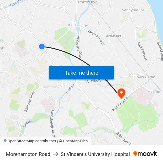 Morehampton Road to St Vincent's University Hospital map