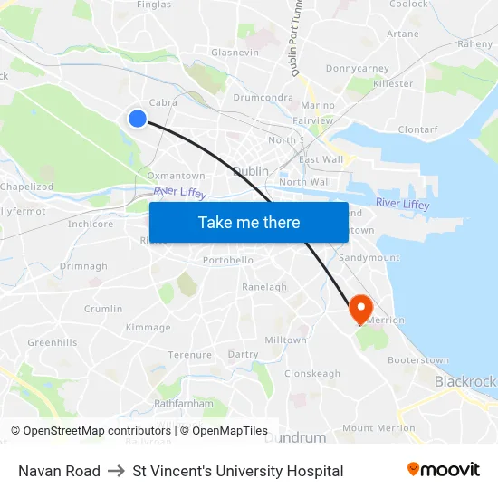 Navan Road to St Vincent's University Hospital map