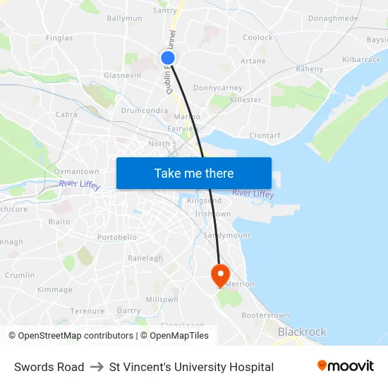 Swords Road to St Vincent's University Hospital map