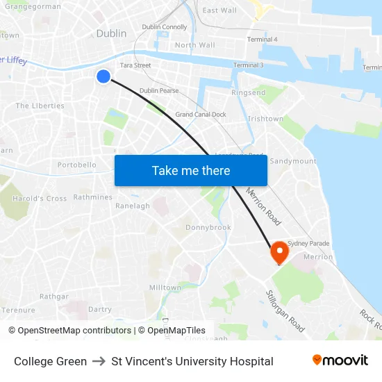 College Green to St Vincent's University Hospital map