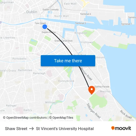 Shaw Street to St Vincent's University Hospital map
