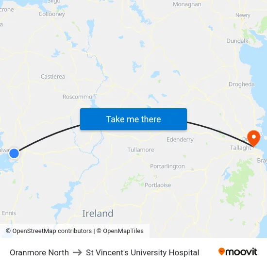 Oranmore North to St Vincent's University Hospital map