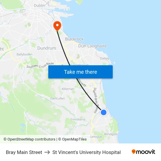 Bray Main Street to St Vincent's University Hospital map