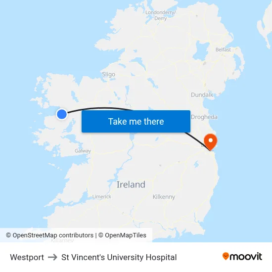 Westport to St Vincent's University Hospital map