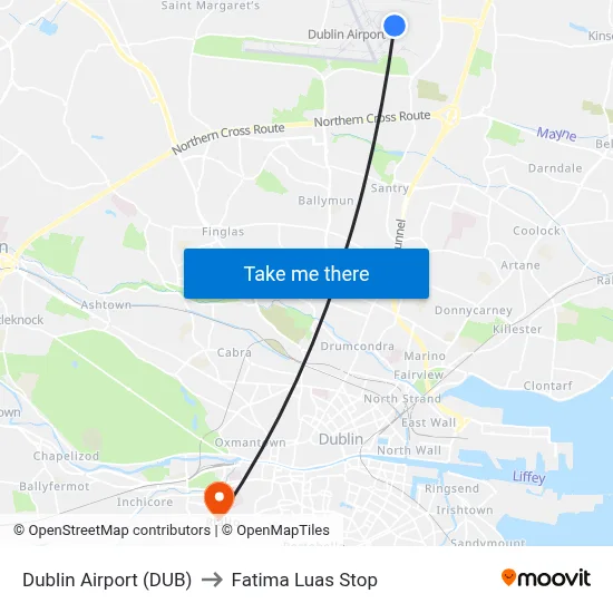 Dublin Airport (DUB) to Fatima Luas Stop map