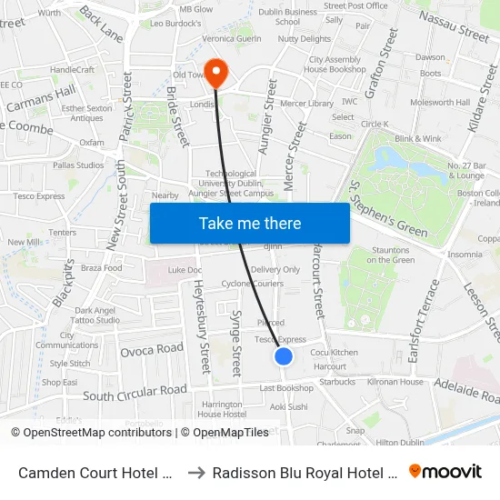 Camden Court Hotel Dublin to Radisson Blu Royal Hotel Dublin map