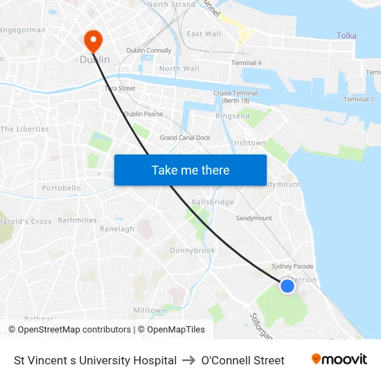 St Vincent s University Hospital to O'Connell Street map