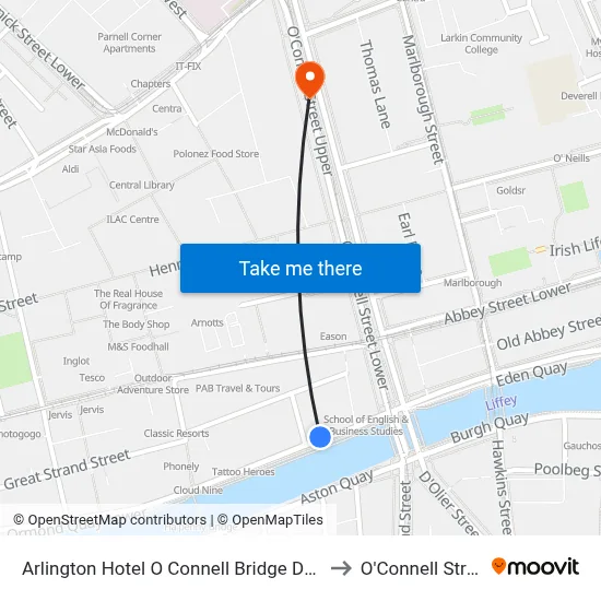 Arlington Hotel O Connell Bridge Dublin to O'Connell Street map