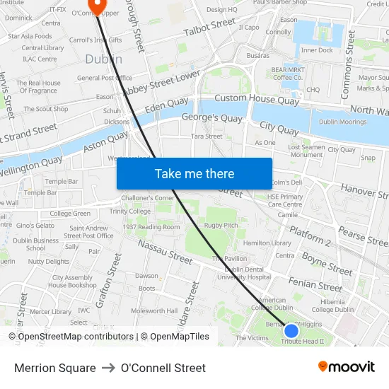Merrion Square to O'Connell Street map
