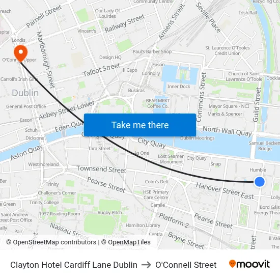 Clayton Hotel Cardiff Lane Dublin to O'Connell Street map