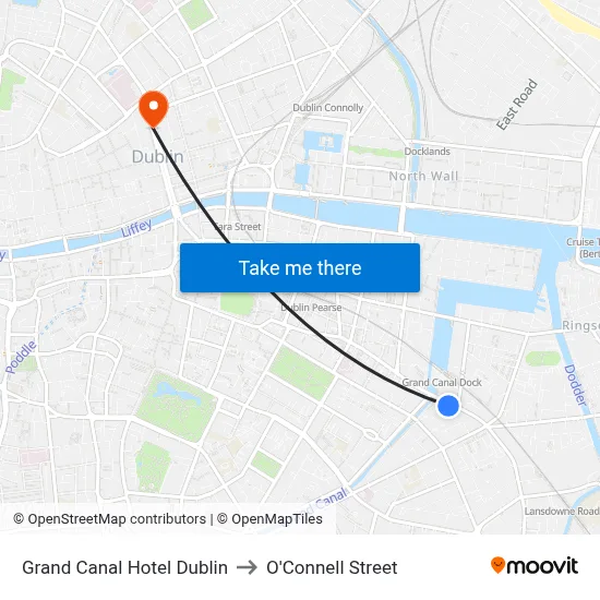 Grand Canal Hotel Dublin to O'Connell Street map