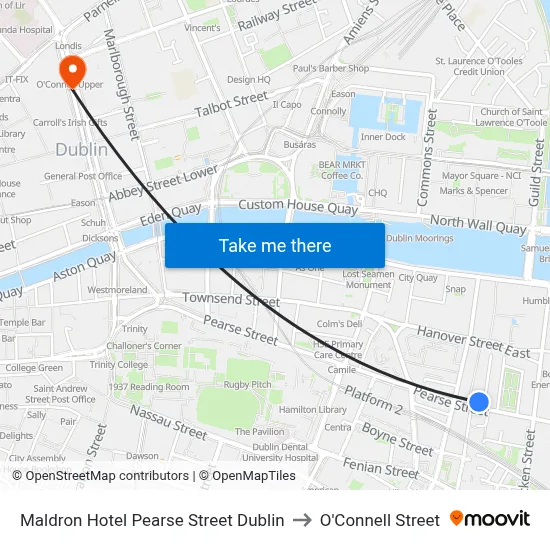 Maldron Hotel Pearse Street Dublin to O'Connell Street map