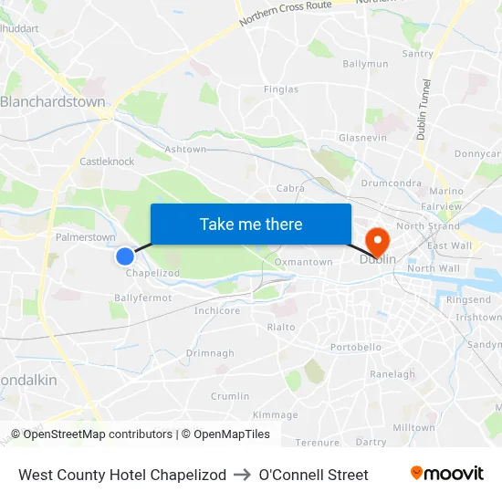 West County Hotel Chapelizod to O'Connell Street map